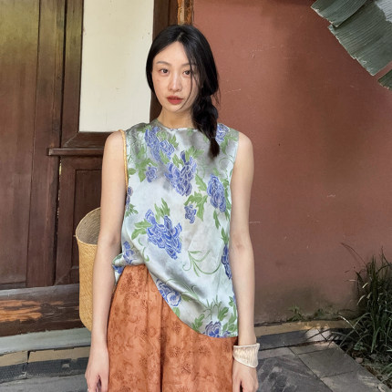 BLUE Y国风新中式人丝香云纱清凉感无袖蓝色提花背心上衣圆领