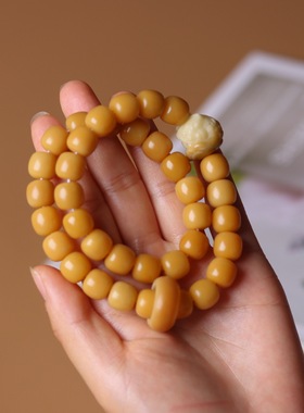 蜜蜡黄炭烧白玉菩提根DIY手链多色彩醒狮朱砂红跑环手串持念佛珠