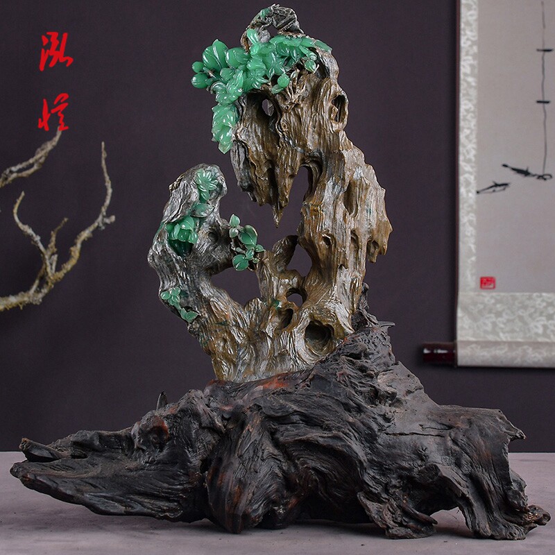 泓忆【枯木逢春】雅安绿 手作雕刻摆件玉石收藏品居家送礼摆件