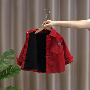 男童加绒衬衫儿童新中式灯芯绒外套男孩红色加绒加厚外套新年衣服