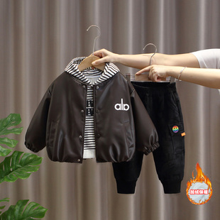 酷帅儿童皮衣外套三件套宝宝秋冬季 2025新款 洋气衣服 套装 男童冬装