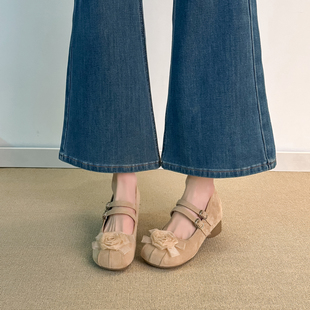 2026芭蕾舞鞋 玛丽珍真皮浅口山茶花粗跟单鞋 小个子增高法式 7CM