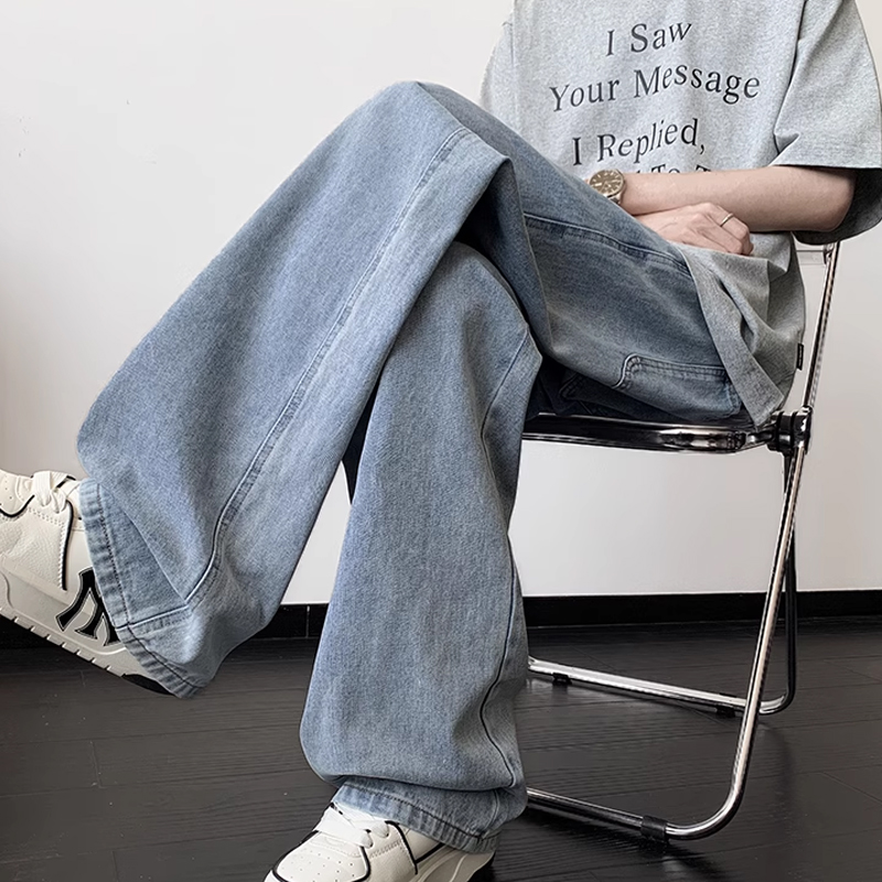 浅色新塘牛仔裤男夏季薄款复古松紧腰阔腿长裤宽松直筒基础款裤子