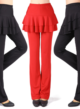 解语依运动裤带裙摆长裤子黑色训练牛奶丝健身裤高腰广场舞蹈服