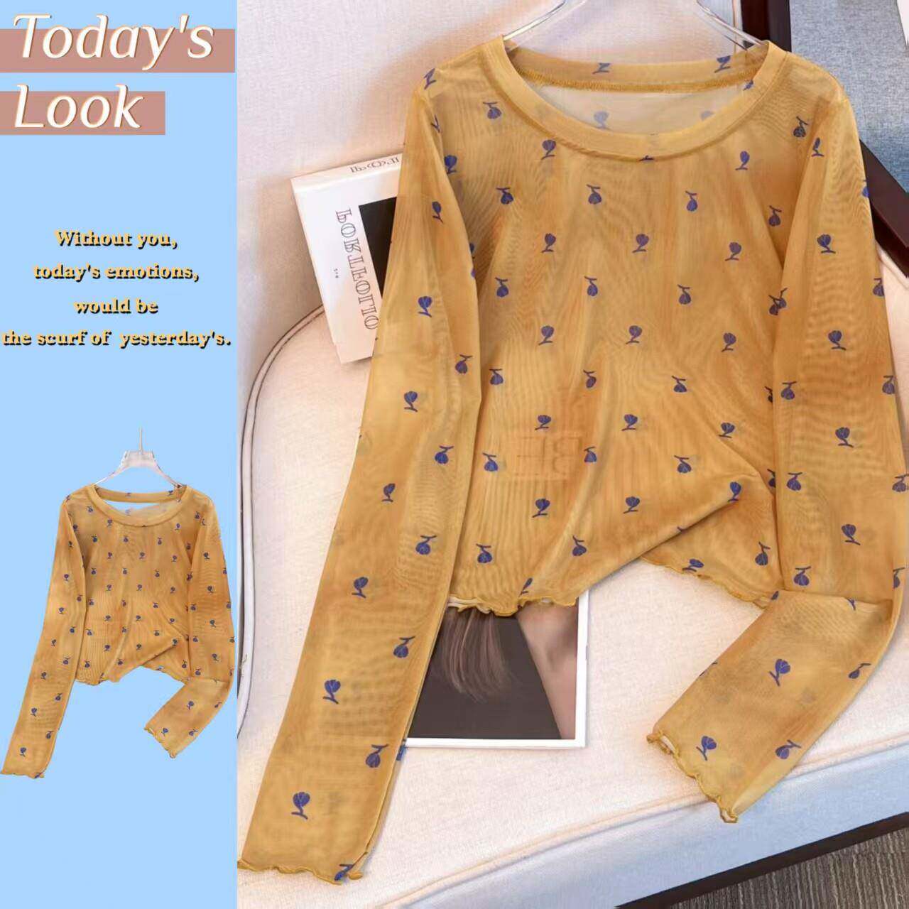 春夏2026初夏新款港风花朵印花长袖防晒罩衫薄款网纱T恤修身0303d