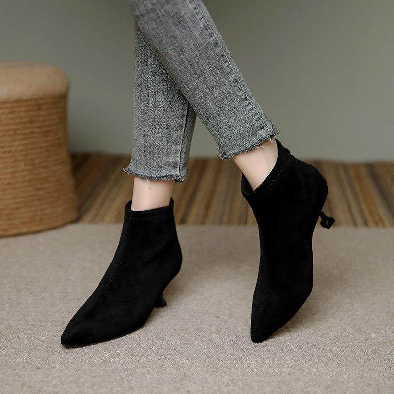 早春高跟鞋女秋冬细跟尖头软底工装短靴黑色绒面m5公分小跟0123n,女鞋,时装靴,淘宝优惠券,粉丝福利购,淘宝优惠卷