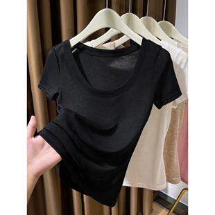 薄型领黑色短袖面具女式t恤2026全新夏季低领软蜡冰丝针织上0308e