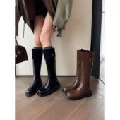 新款 春季 美拉德拼接长筒靴女2026秋季 棕色厚底不过膝长靴骑0128ed