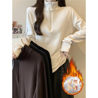 秋冬季大码半拉炼磨毛卫衣打底衫女加厚内搭胖mm遮肚子半高1112n