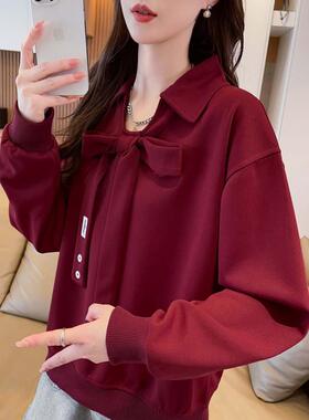 2025秋冬装长袖蝴蝶结polo翻领卫衣女胖高级感新年单穿红色1105e