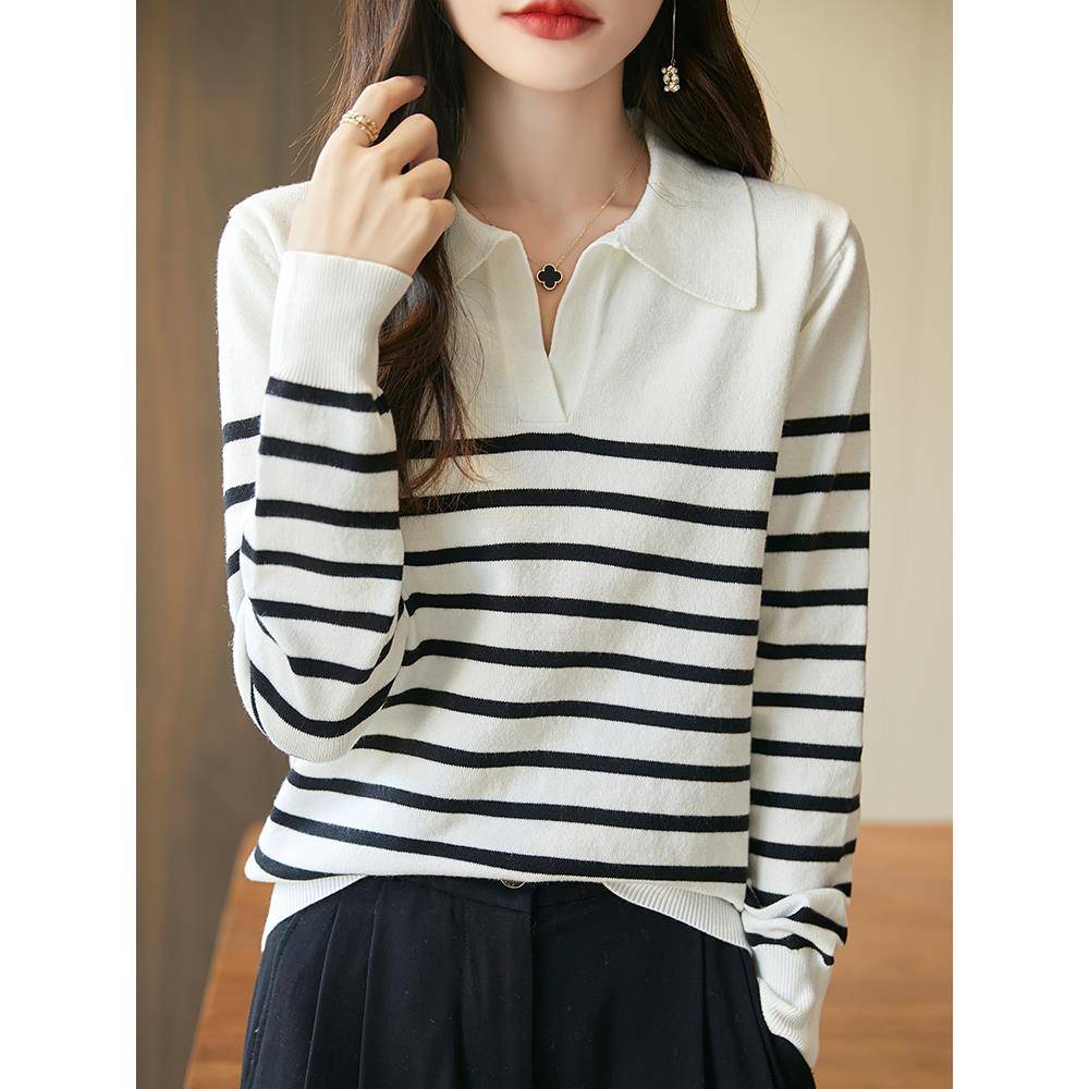 秋冬早秋翻领条纹针织打底衫女2025新款秋流行内搭上衣洋气1204u