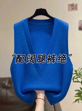 克莱因蓝色针织马甲背心女秋冬搭配衬衫配T恤叠穿V领毛衣1024e