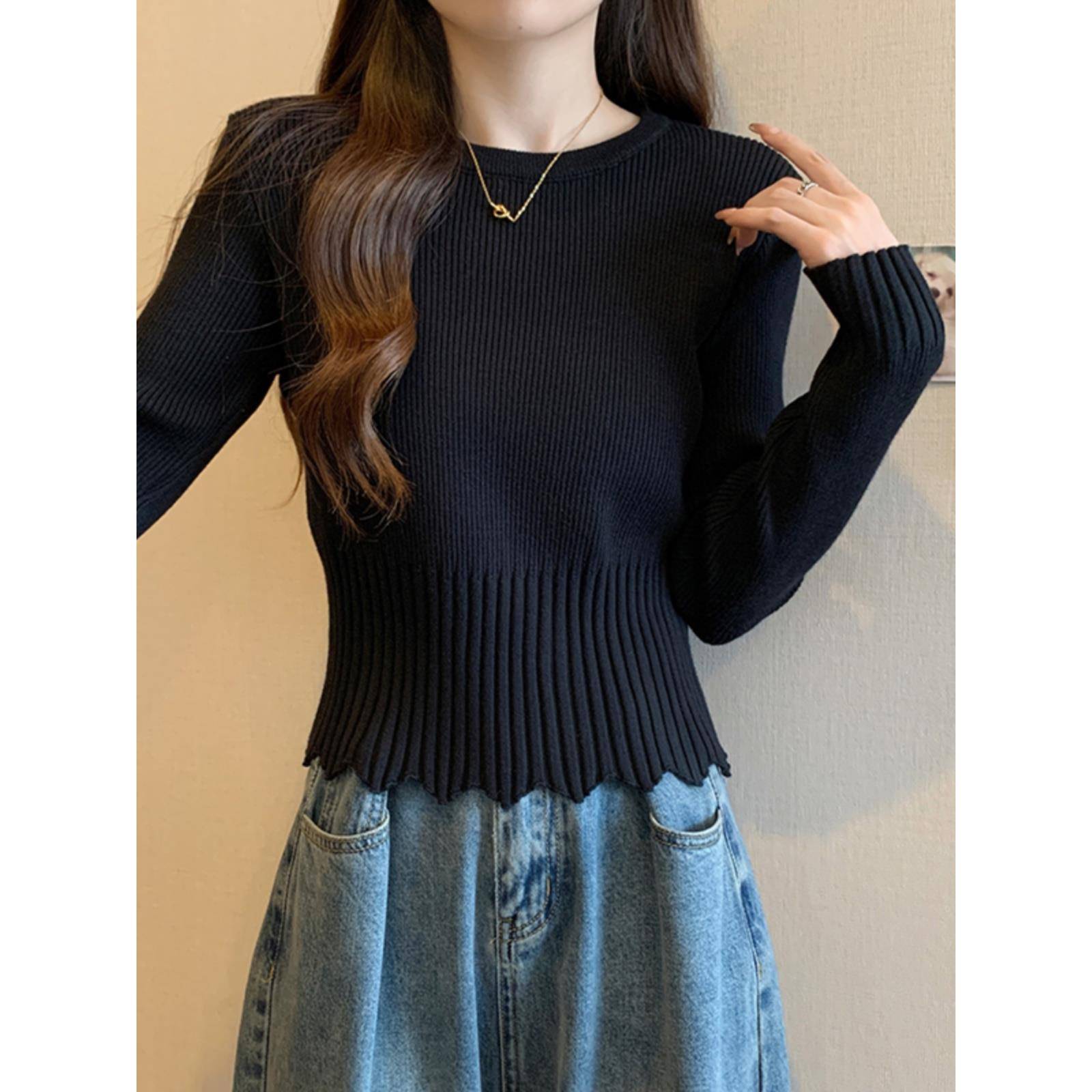 秋冬季圆领针织衫女新款大码胖妹妹修身针织打底衫内搭毛衣1120n