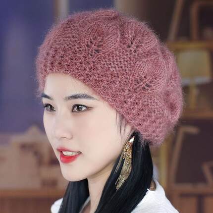秋冬新款手工针织贝雷帽绒长毛加厚保暖毛线帽妈妈贝雷1129e