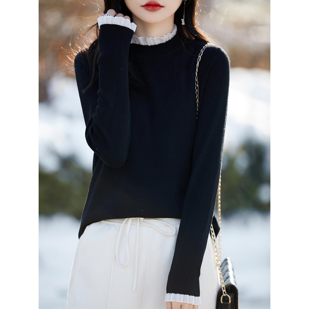 秋冬高领黑色毛衣女2025新款木耳边针织上衣大码蕾丝打底衫1201u