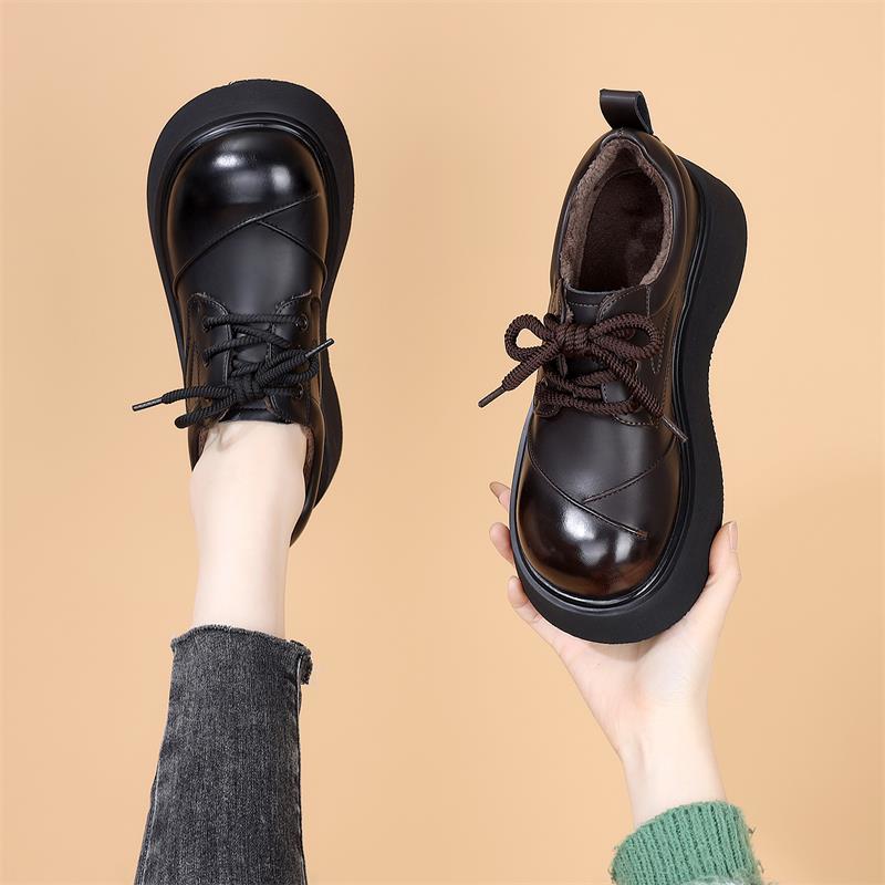 秋冬厚底乐福鞋女款2025新款增高显脚小系带小皮鞋小个子1101n