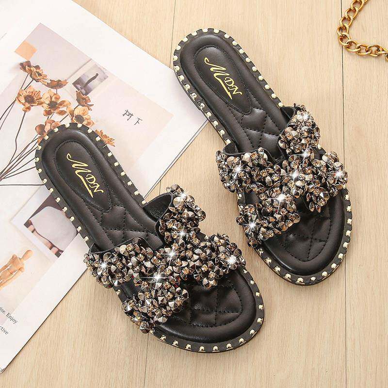 早春漂亮一字型拖鞋女时尚外出穿旅游平底水钻防滑沙滩凉拖0417d