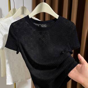 春黑色提花高级感蕾丝衫上衣女夏秋大尺码百搭打底衣独圆领0204rd