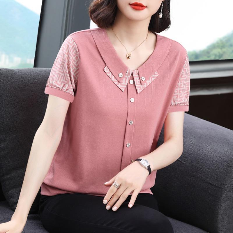 短袖t恤女妈妈夏装2025新款中老年翻领大码上衣有领半袖小衫0717u