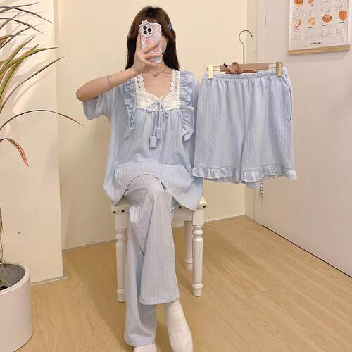 睡衣三件套女夏季2026新款短袖宫风带胸垫外穿高级感家居服0812d