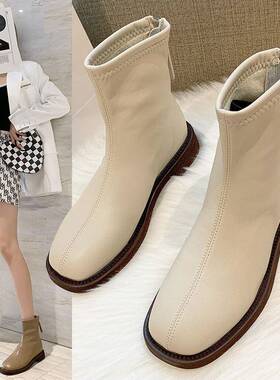 春季白色短靴女2026秋冬季新款单靴靴子方头瘦瘦靴平底切西0128ed