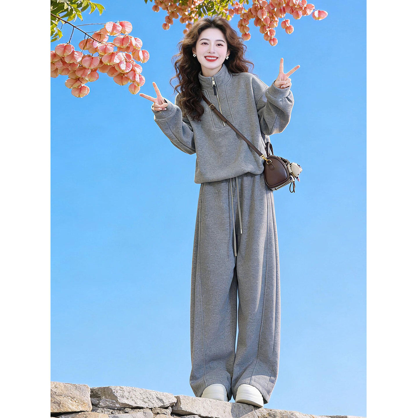 秋冬季运动服套装女宽松显瘦韩版学生立领卫衣阔腿裤休闲两1021z