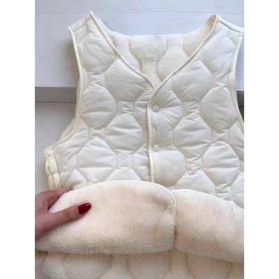老钱风白色菱格棉马甲背心女冬季棉内胆加绒加厚保暖背心1024e