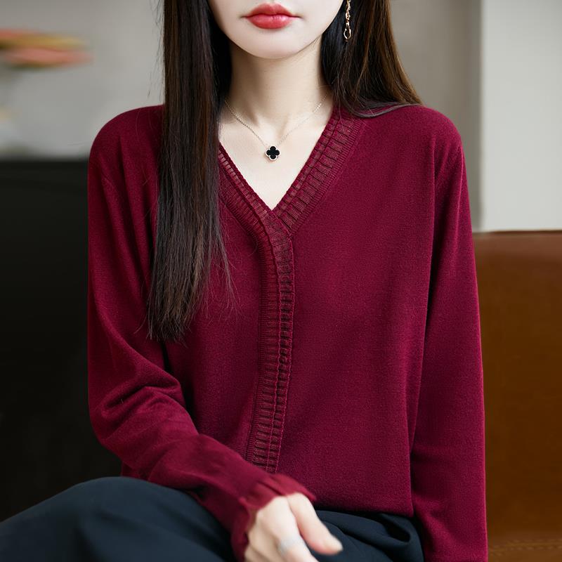 秋冬早秋V领蕾丝针织打底衫女2025新款秋上衣洋气大码女装毛1201u