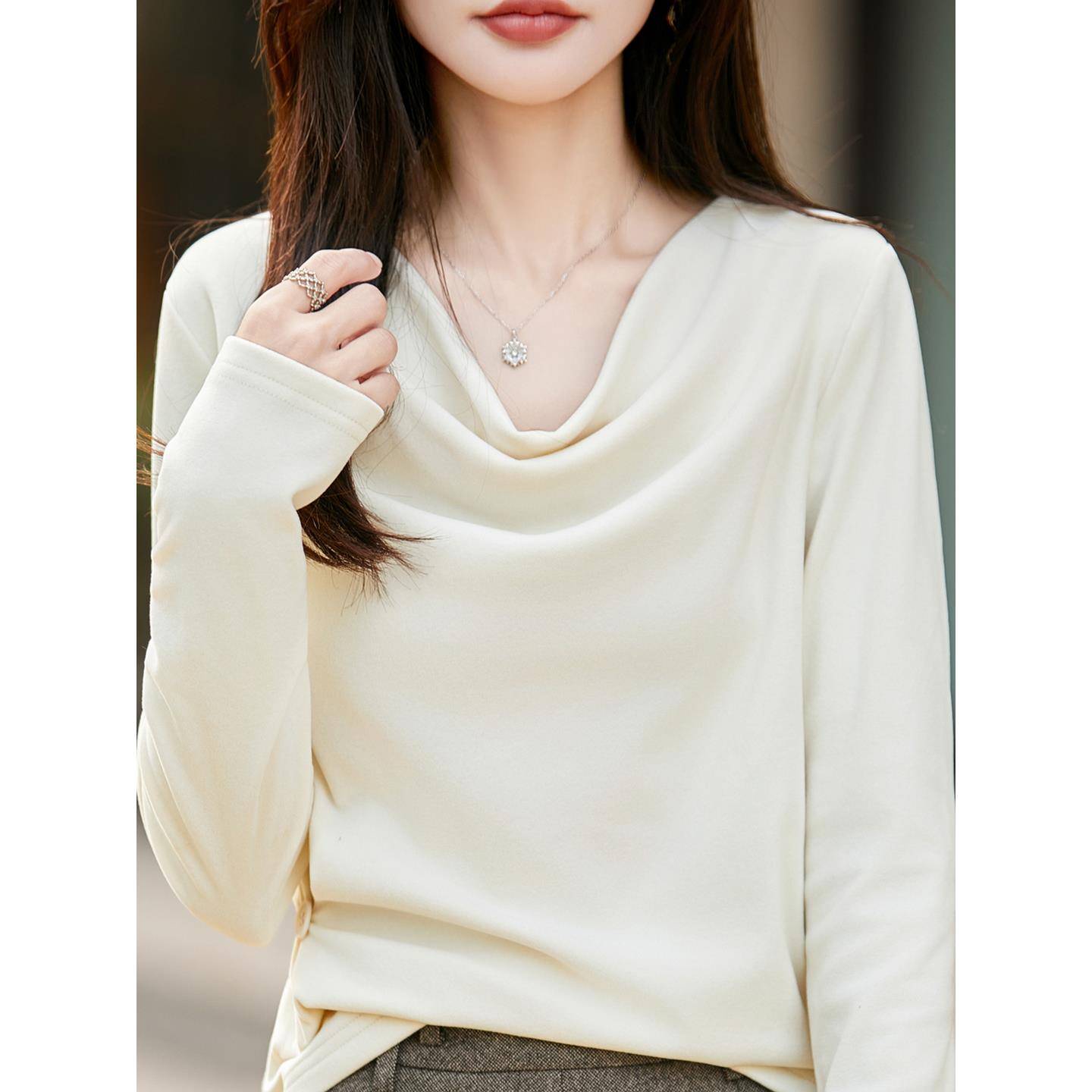 气质荡领褶皱设计长袖百搭T恤女2025秋冬新款别致纽扣收腰打1202h