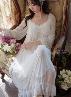 睡衣甜美法式风长袖方领睡裙女带胸垫夏季白色宫风家居服可0621d