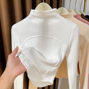 白色高领双面打底衫女长袖2026新款加绒加厚短款内搭t恤女0228e