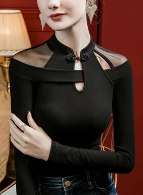 旗袍领网纱拼接打底衫女2026春季新款盘扣小众设计感洋气时0102h