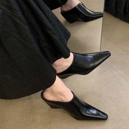 漂亮欧美包头拖鞋女小方头坡跟高跟凉拖时尚外穿粗跟懒人穆0501d