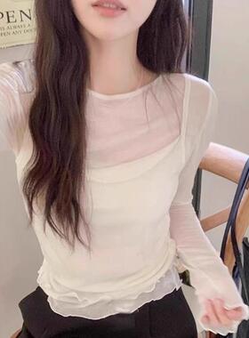 白色假两件长袖T恤女早秋女装2026新款韩系穿搭显瘦打底衫0203r1