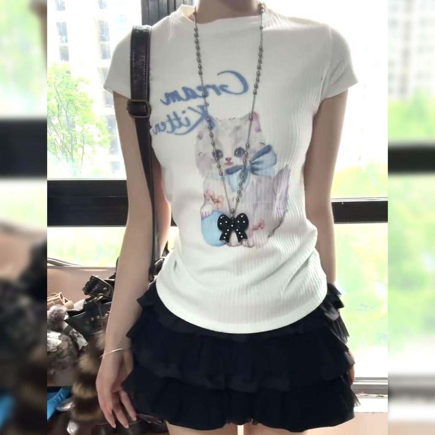 0601d漂亮美式甜妹猫咪白色短袖T恤女夏季新款修身显瘦甜妹裙子套