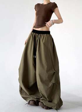 裤子美式复古降落伞裤女夏季阔腿螺纹拼接松紧腰抽绳宽松爵0713d
