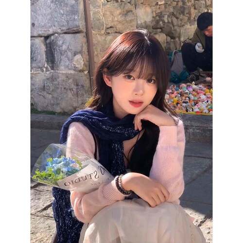 秋冬韩系覆古蓝色褶皱碎花丝巾女2026新款高级感保暖护颈围0926z