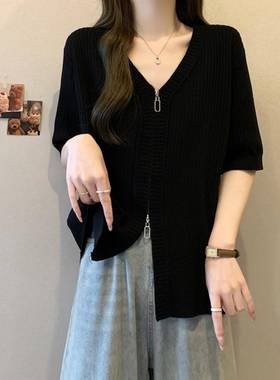 春秋针织拉链短袖T恤女2026V领打底衫大码微胖妹妹遮肚子1230n
