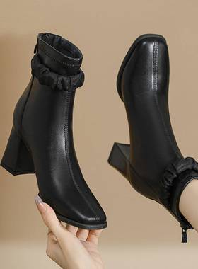 春季高跟加绒白色短靴女新款秋冬粗跟增高瘦瘦靴子方头0128ed