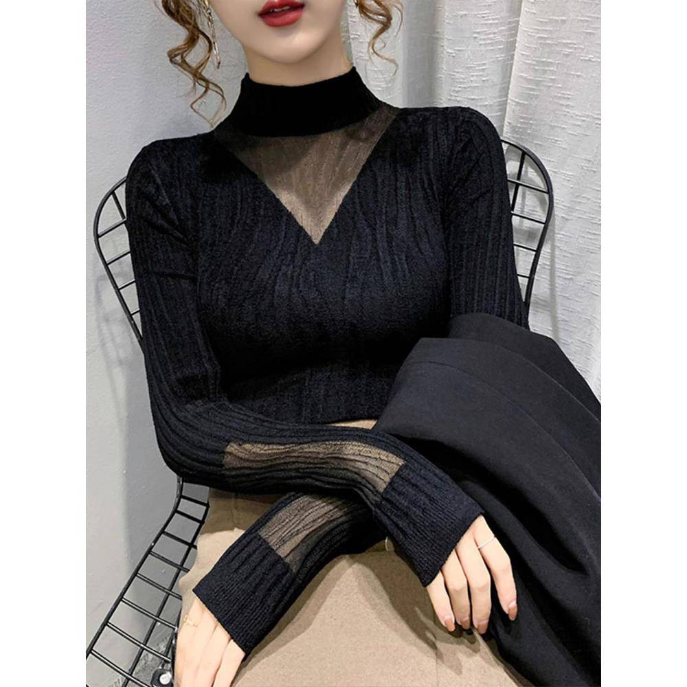 黑色高领蕾丝打底衫女秋冬修身内搭毛衣小衫洋气百搭针织上1125e