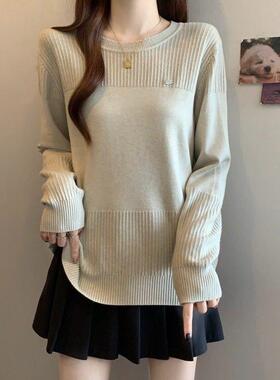 春秋卡其色针织衫正肩长袖T恤女2026早新款大码胖mm遮肚打1230n