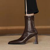 春季 显腿长质高跟弹力瘦瘦靴女秋冬新款 方头粗跟马丁短0128ed