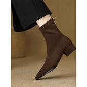 尖头弹力瘦瘦靴粗跟中跟绒面靴秋冬新款 春季 法式 显瘦裸靴深0128ed