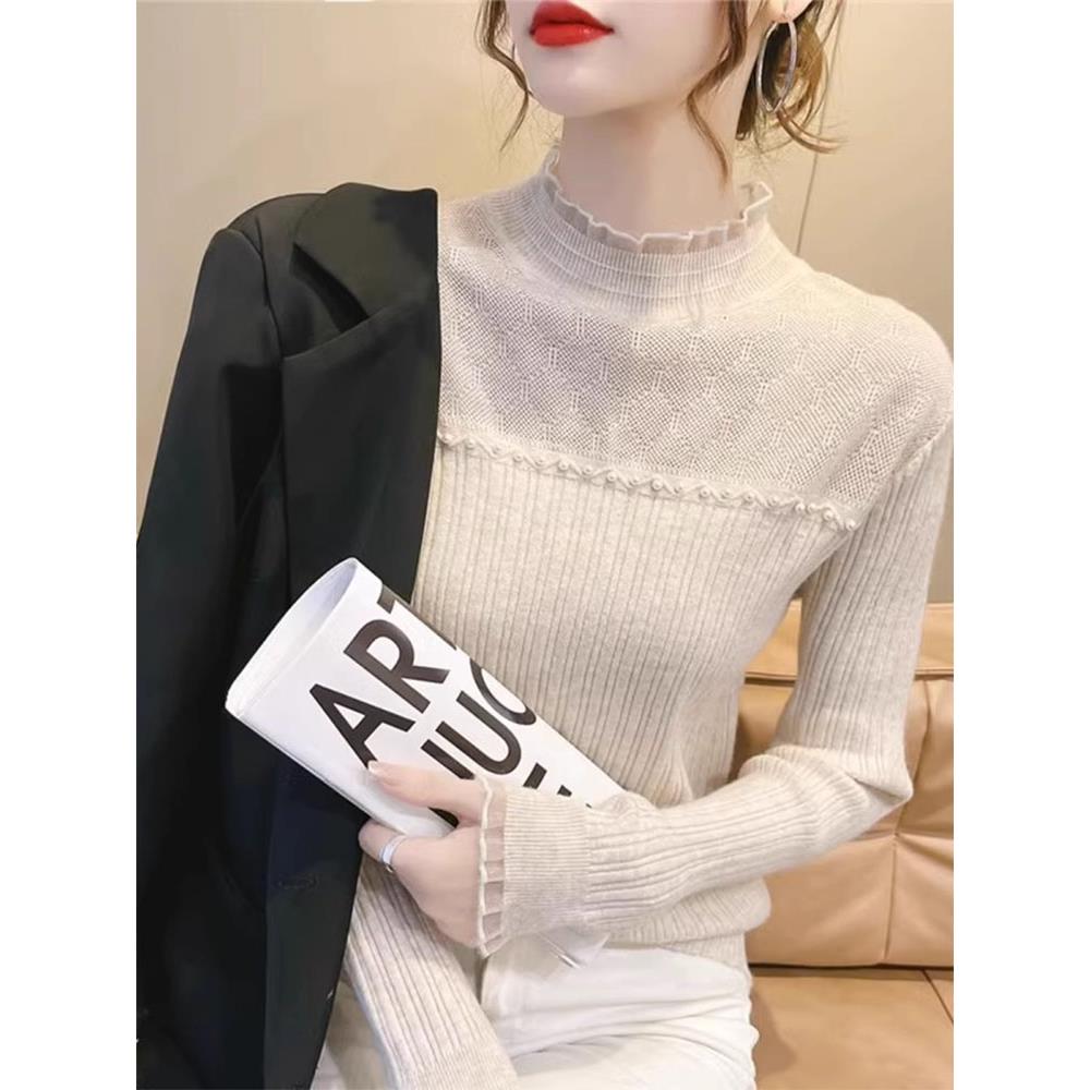 秋冬季半高领打底衫女修身感内搭蕾丝木耳边针织衫配大衣的1019n