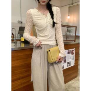 春夏木耳边系带V领蕾丝内搭打底衫女新款纯欲白色透肤T恤0209z