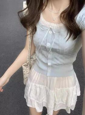 蓝色bm风蕾丝假两件蝴蝶短袖T恤女夏季修身纯欲辣妹方领正0203r1