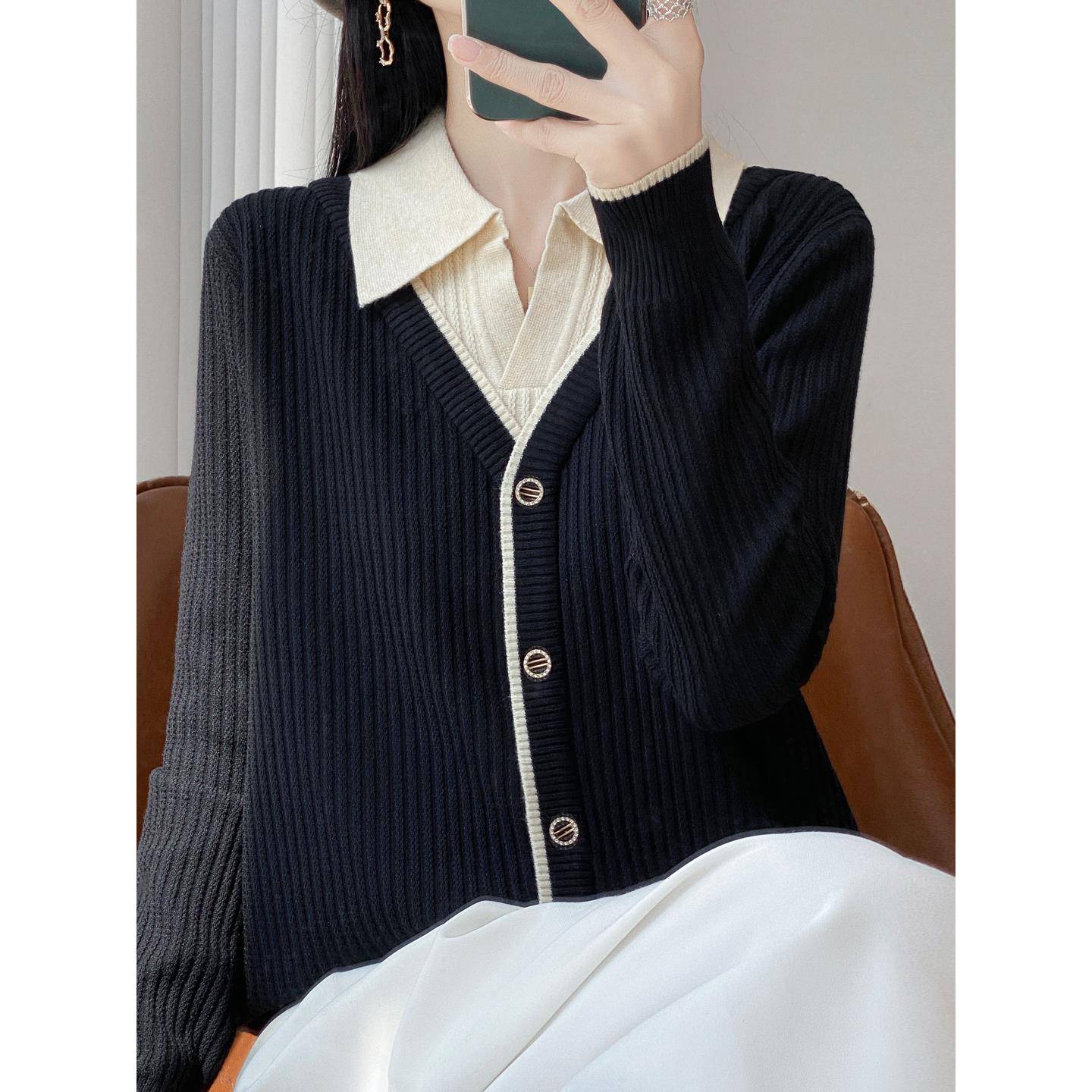 时尚秋季新款洋气假两件毛衣打底衫女宽松撞色休闲衬衣翻领1206h