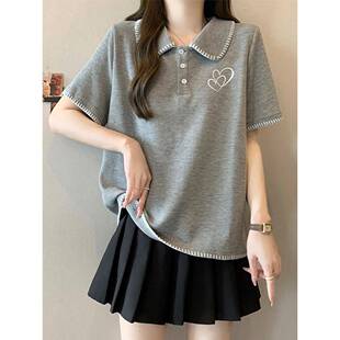 加码女装以覆盖腹部Polo领减少年龄的刺绣短袖t恤0307e