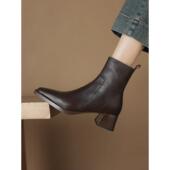 侧拉炼衬里中跟方趾棕色修身 春季 厚跟短靴女士2026秋冬新款 0128ed