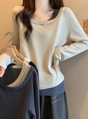 春秋正肩别致长袖t恤女微胖妹妹大码感遮肚子百搭针织打底1230n